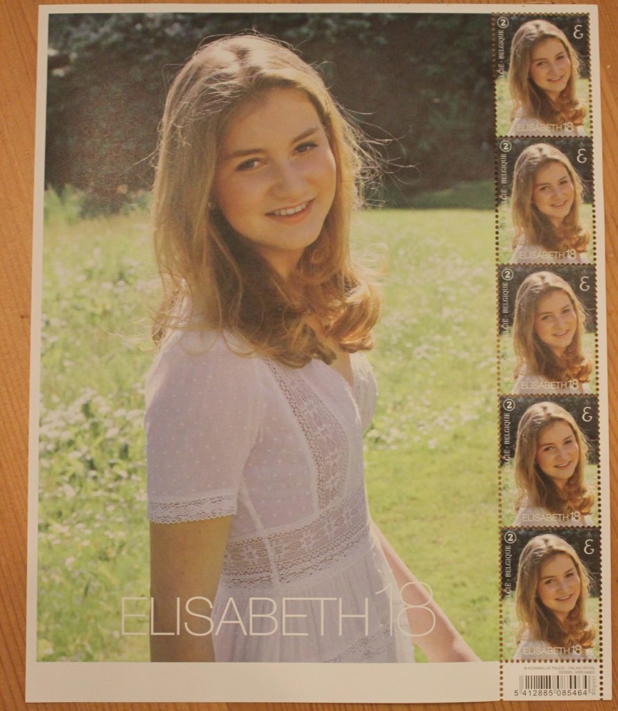 Die anlässlich des 18. Geburtstags von Prinzessin Elisabeth ausgegeben Briefmarken der belgischen Post